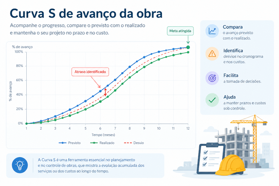 Curva S de avanço da obra comparando o progresso previsto e realizado ao longo dos meses