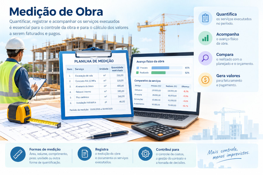 Medição de obra com registro de quantidades executadas e comparação entre serviços previstos e realizados