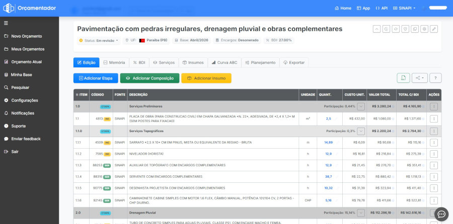 Orçamentador, sistema de orçamento de obras
