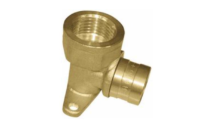 JOELHO/COTOVELO 90 GRAUS, ROSCA FEMEA, COM BASE FIXA, METALICO, PARA CONEXAO COM ANEL DESLIZANTE, DN 16 MM X 1/2