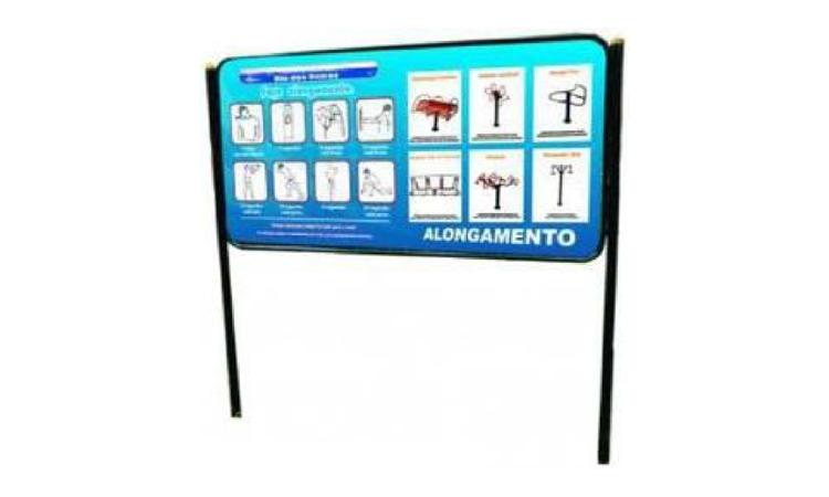 PLACA ORIENTATIVA SOBRE EXERCICIOS, 2,00 M X 1,00 M (CHAPA GALVANIZADA #20), ESTRUTURA EM TUBOS REDONDOS DE ACO CARBONO, PINTURA NO PROCESSO ELETROSTATICO, ADESIVO FRENTE E VERSO - PARA ACADEMIA AO AR LIVRE / ACADEMIA DA TERCEIRA IDADE - ATI